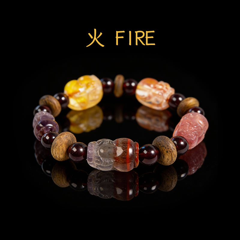 沉香石榴石-紫晶-紅黃赤鐵礦石英貔貅手鐲